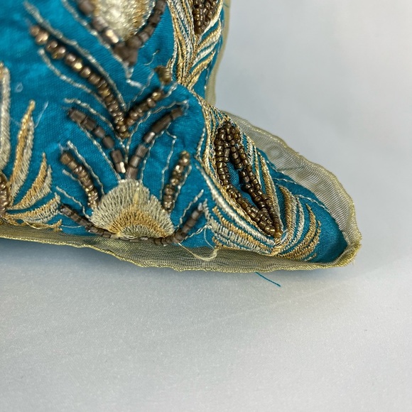 Pier 1 Embroidered Peacock Beaded Lumbar Accent Throw Pillow Teal Gold Bronze - Picture 10 of 12